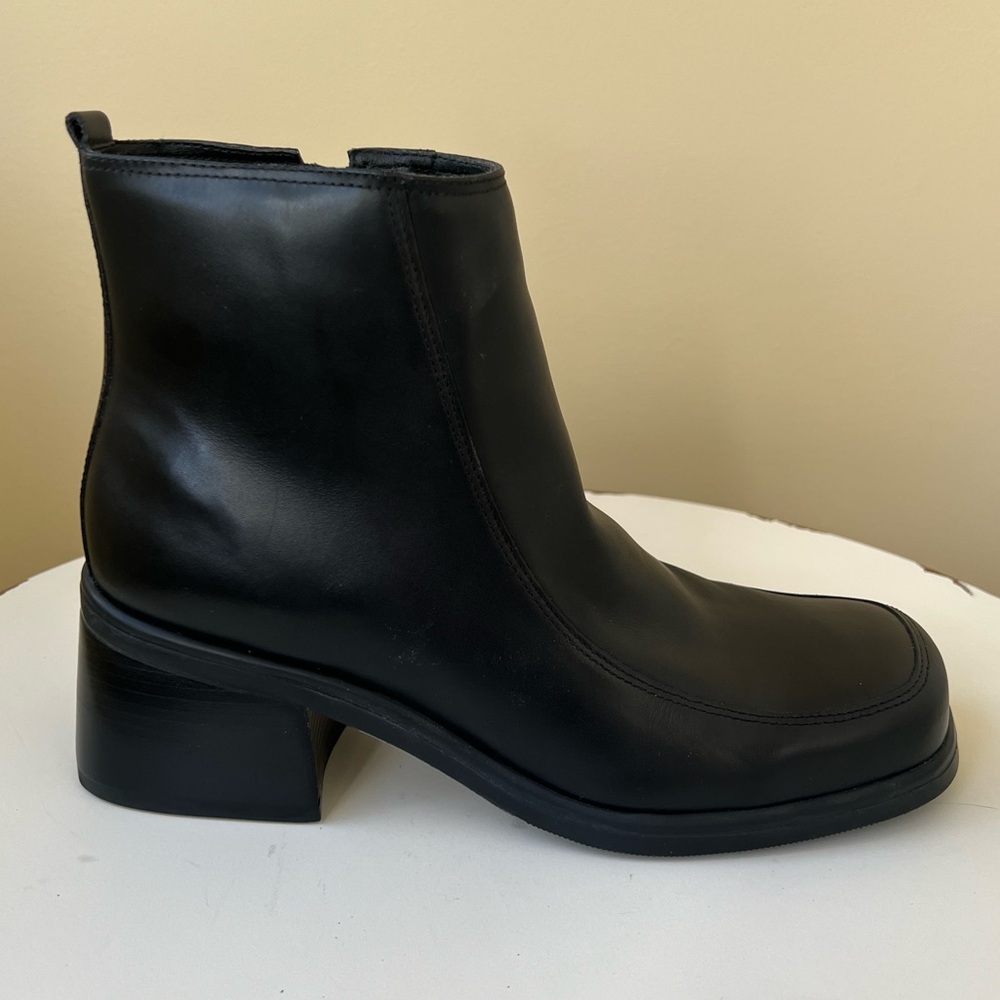 Classic Black Leather Ankle Boots - Women's Zip Booties - Picture 4 of 9
